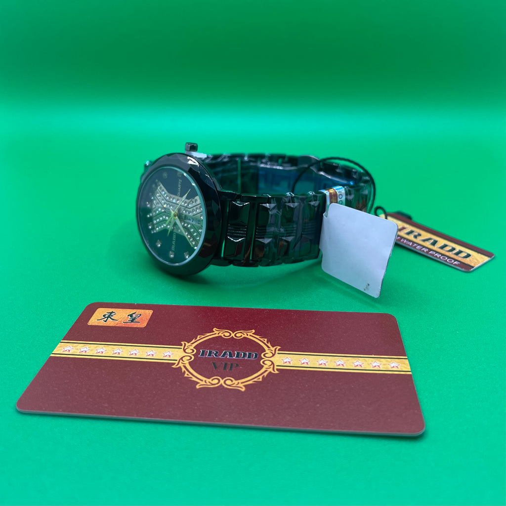 Black IRADD Watch 8038 with a brand card on a green background