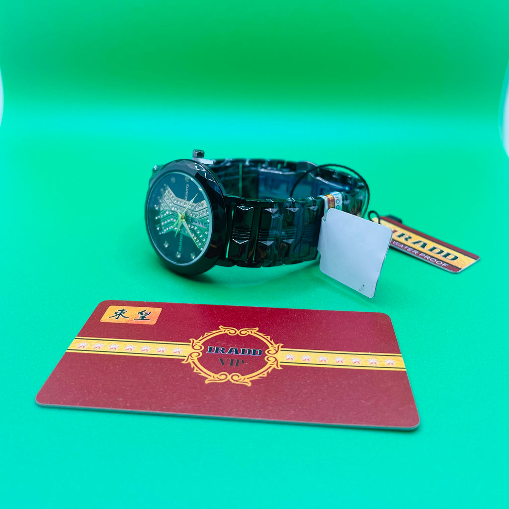 IRADD black Watch 8038 with a tag on a green background
