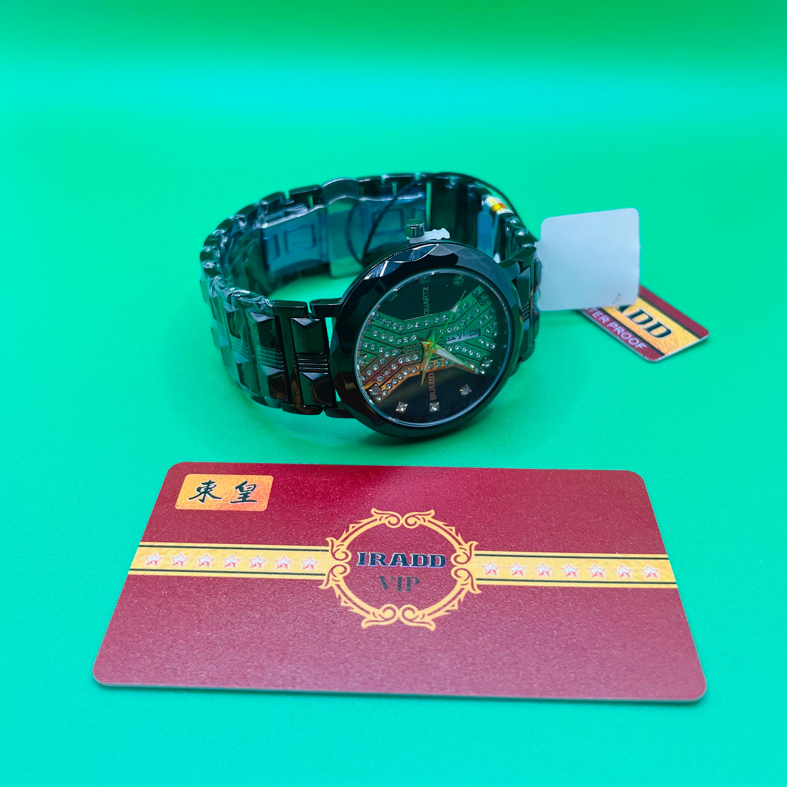 IRADD black Watch 8038  on a green background with a red card featuring 'TRADD VIP' branding.