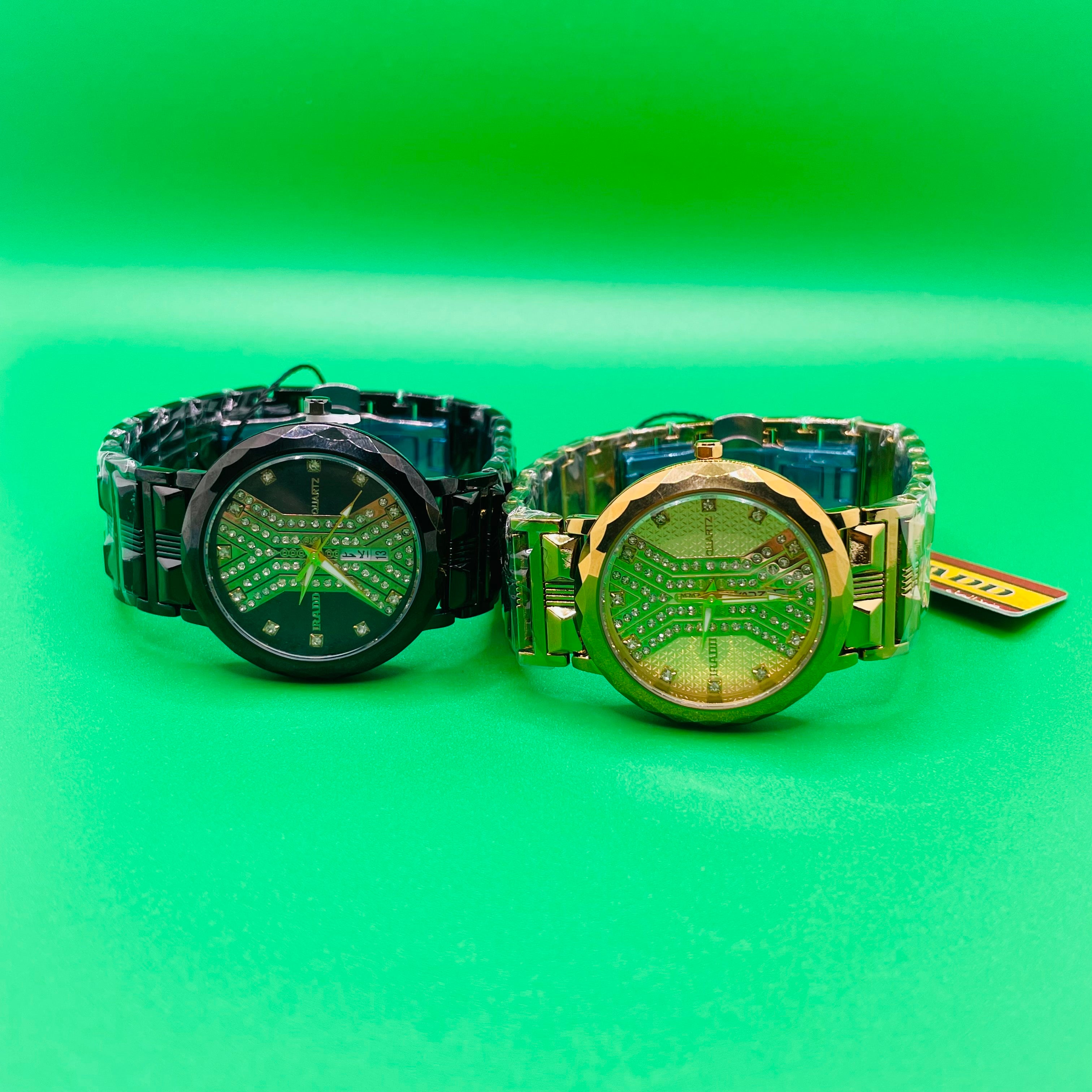 Two IRADD Watch 8038, one black and one gold, on a green background