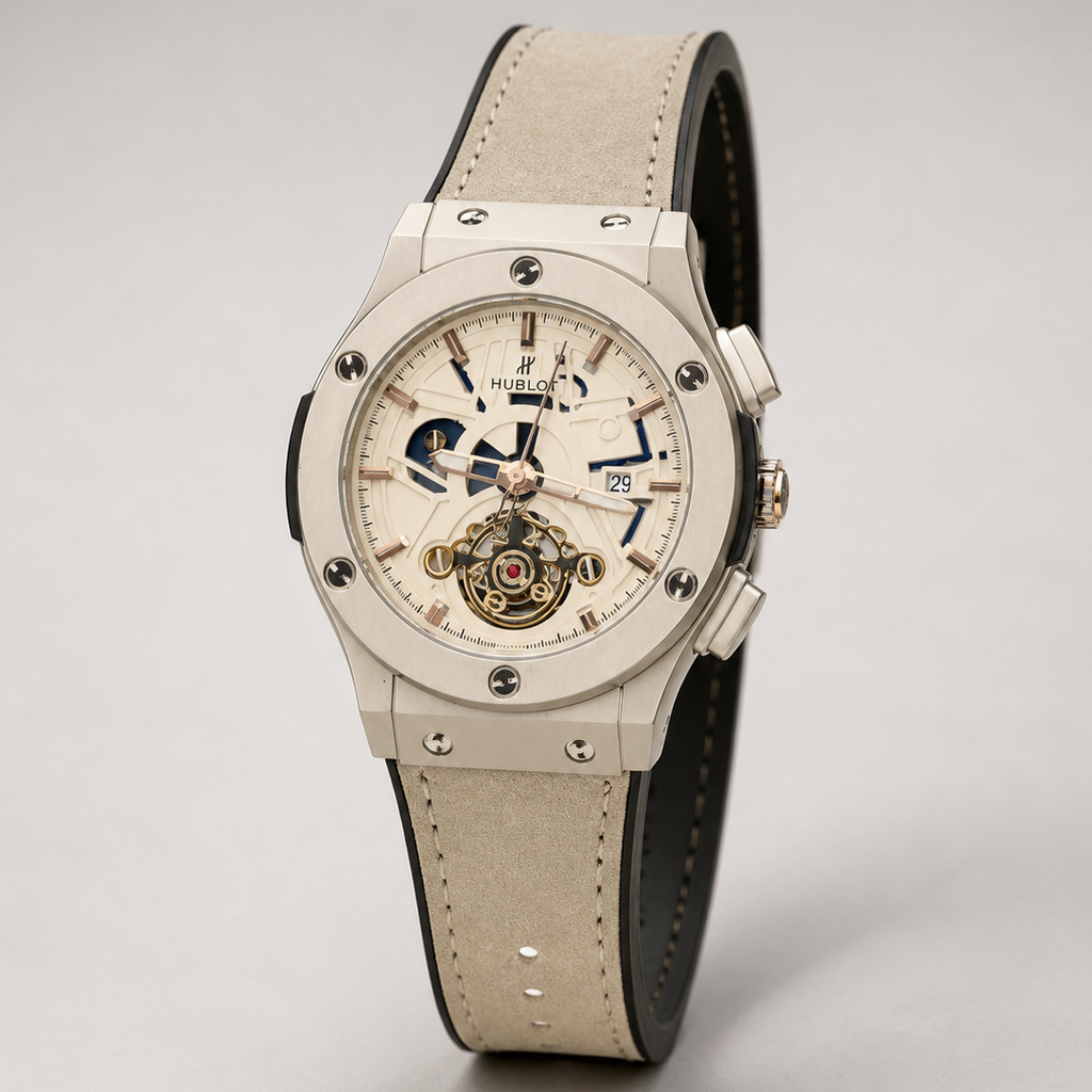 Luxury watch with a detailed face on a light gray background