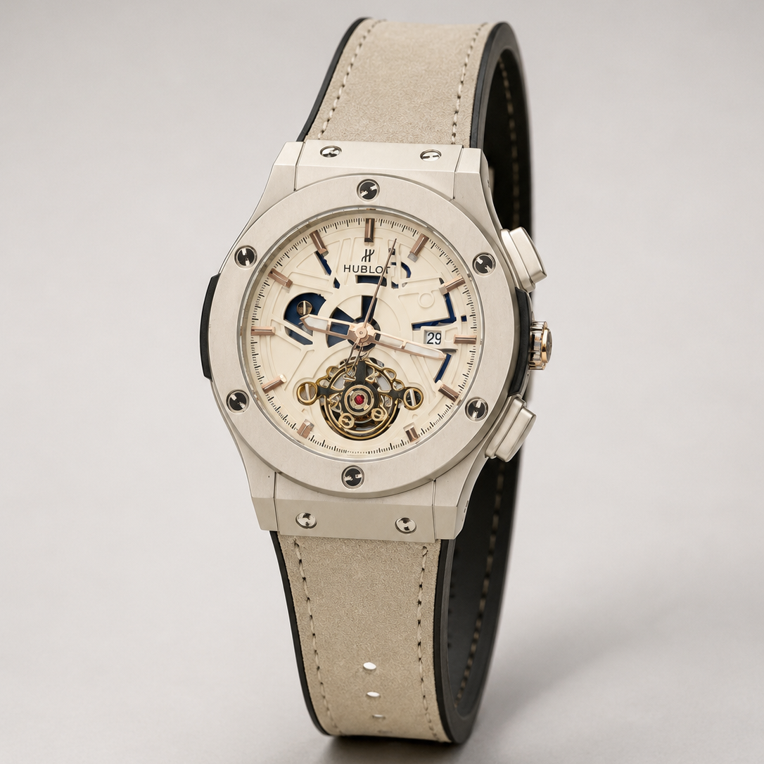Luxury watch with a detailed face on a light gray background